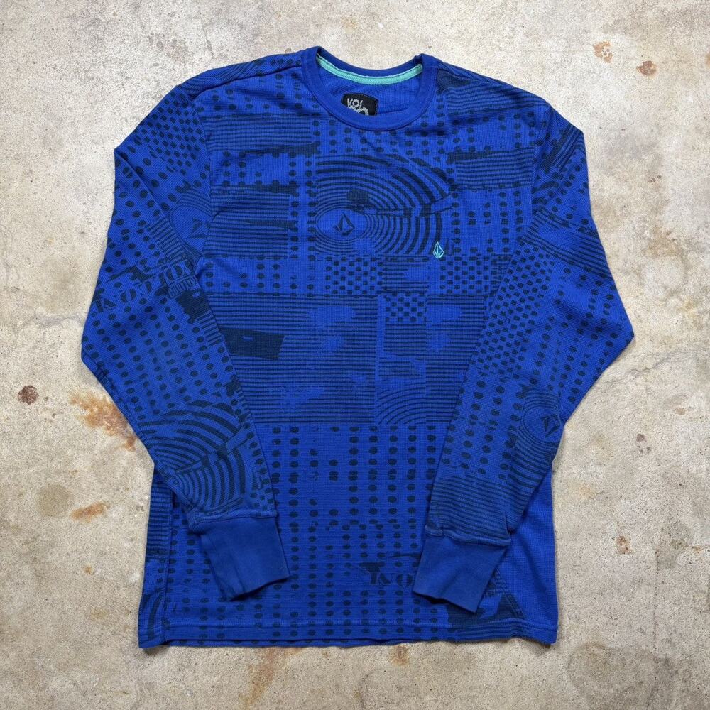 VTG Y2K Blue Volcom AOP Skater Thermal Long Sleeve Size XL